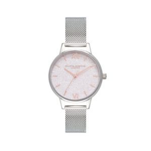 Olivia Burton Glitter Dial Mesh Silver Watch