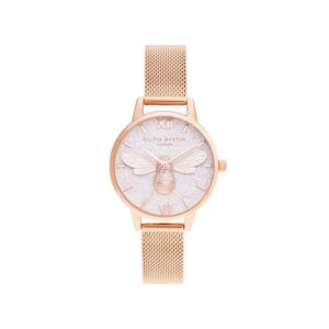 Olivia Burton Glitter Dial Lucky Bee & Rose Gold Mesh Watch