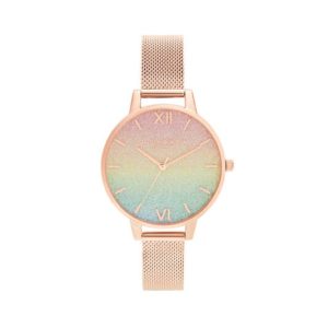 Olivia Burton Rainbow Rainbow Glitter Dial & Rose Gold Mesh Watch