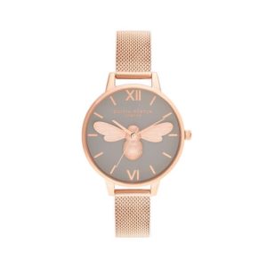 Olivia Burton Lucky Bee Lucky Bee, Grey Dial & Rose Gold Mesh Watch