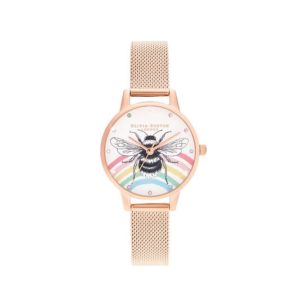 Olivia Burton Illustrated Animals Rainbow Bee, Rose Gold Mesh Watch