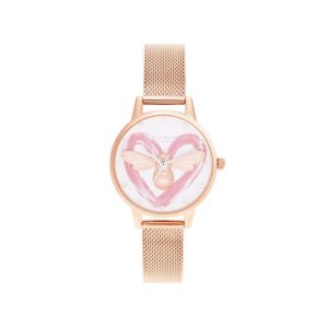 Olivia Burton You Have My Heart Lucky Bee, Silver & Rose Gold Mesh Watch